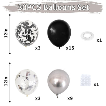 Dagelar Black And Silver Balloon, 30Pcs Metallic Chrome Silver And Black Birthday Balloons With Black Silver Confetti Balloon, H