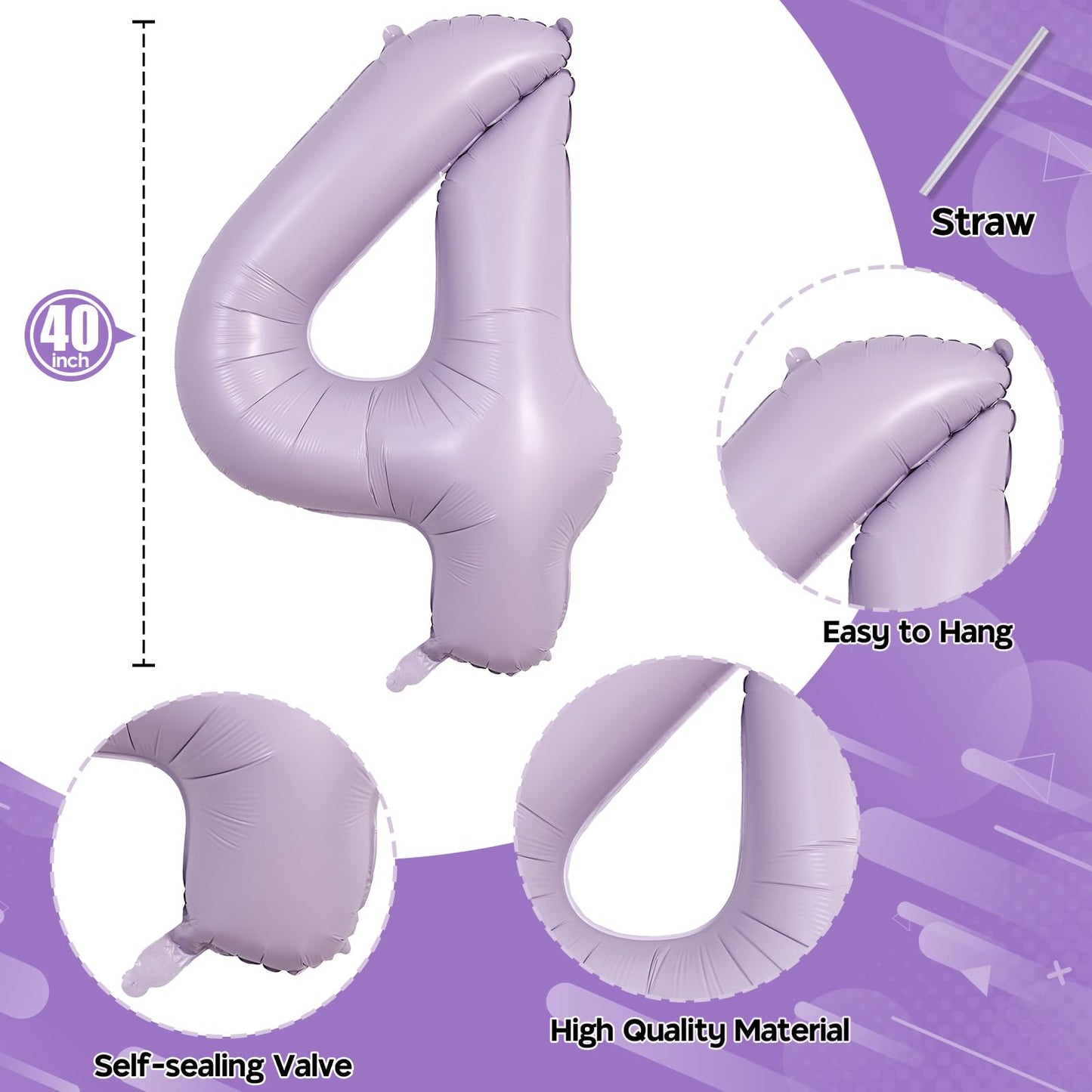 Light Purple Number 40 Birthday Balloons, 40 Inch Large Pastel Dusty Purple Mylar Foil Number 4 & 0 Balloons For Women, 40Th Bir
