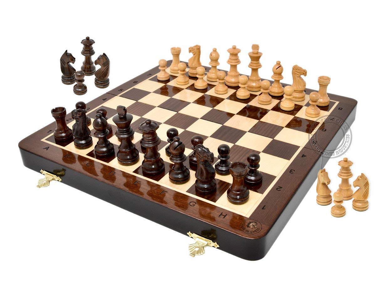 House Of Chess - 12 Inches Wooden Magnetic Folding Travel Chess Set/Board - 2 Extra Knights, 2 Extra Pawns, 2 Extra Queens & Algebraic Notation - Handmade - Premium Quality