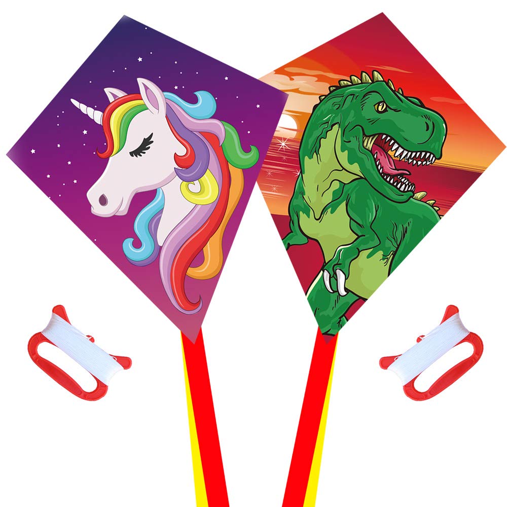 Diamond Kite [2 Pack] Dinasour+Unicorn Eddy Kite, Beginners Kite For Children, Wonderful Beginner Kite For 3 Years Up, 60X70Cm W