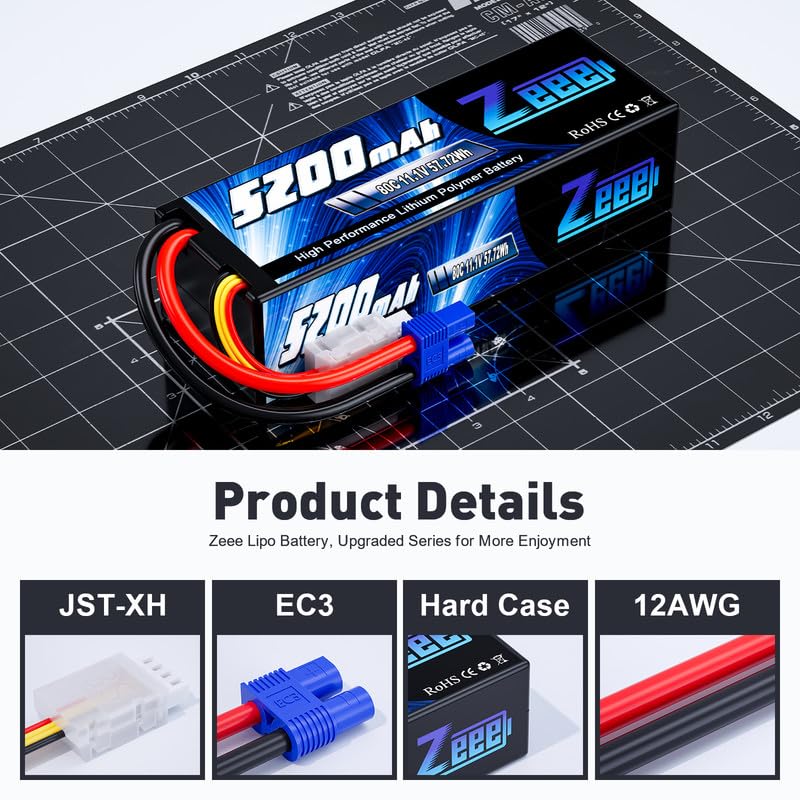 Zeee 3S Lipo Battery 5200Mah 11.1V 80C With Ec3 Plug Hard Case Battery For Rc Car Boat Truck Helicopter Airplane Racing Models(2