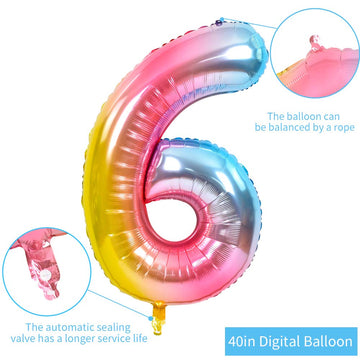 Toniful 40 Inch Rainbow Large Numbers Balloons 0-9, Number 6 Digit 6 Helium Balloons, Foil Mylar Big Number Balloons For Birthda