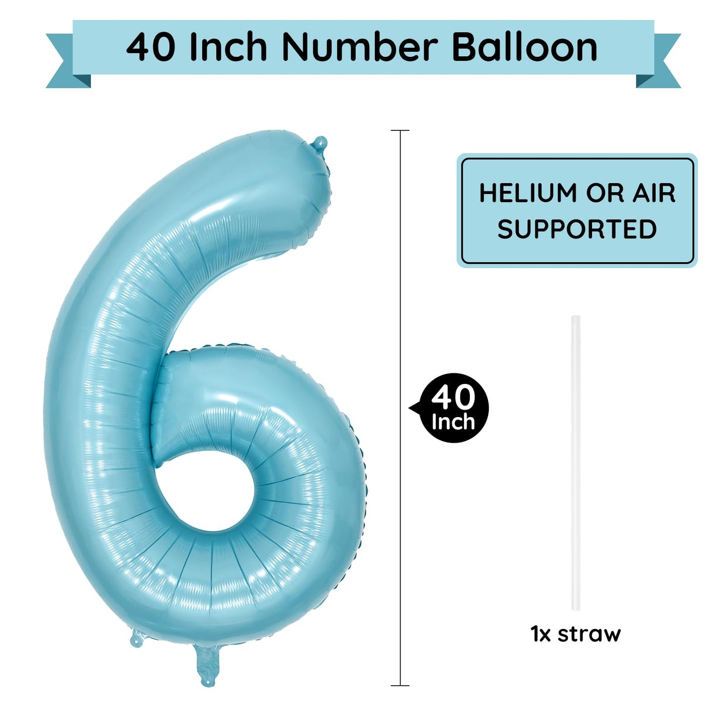 Paticool 40 Inch Blue Number Balloon 6, Large Light Blue Number Foil Mylar Balloons For Birthday Party Celebration Decorations S