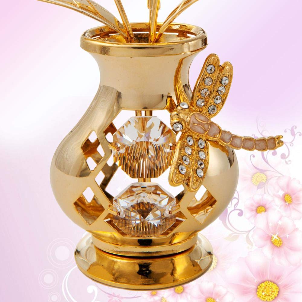 Matashi Valentine'S Day Gift For Her - Flower Bouquet Vase With Dragonfly, Clear Crystal Studded 24K Gold Plated Tabletop Ornament For Women, Mom, Daughter, Friends & Family