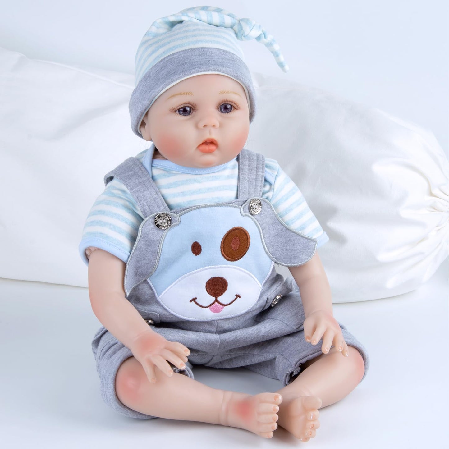 Reborn Baby Doll Clothes 20-22 Inch Cute Dog Design Suspender Trousers 4-Pieces Set Fit Reborn Dolls Boy Newborn Dolls Clothes