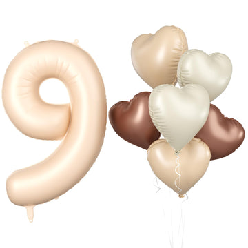 Biapian 40 Inch Light Brown Number 9 Balloons, Apricot Large Number 8 Balloon With 18'' Retro Foil Heart Balloons Helium For Neu