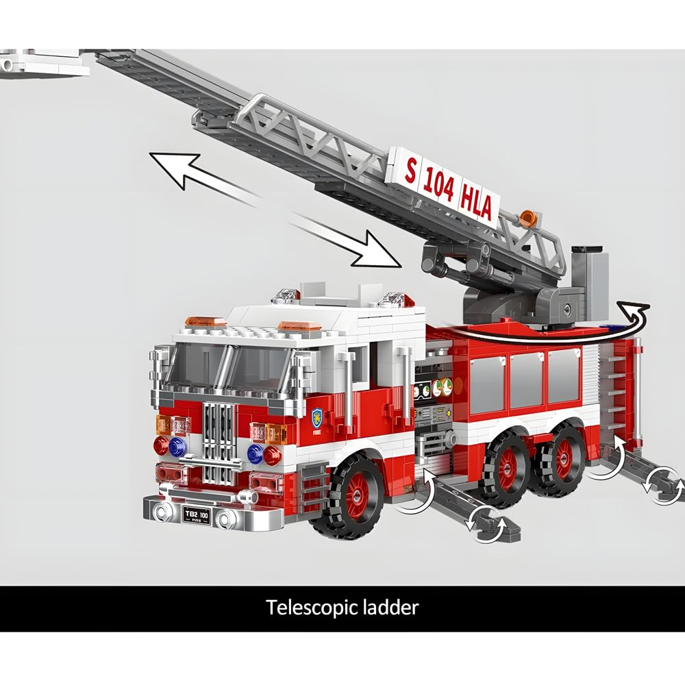 BYWbricks City Ladder Fire Truck Building Blocks Set - 711 pcs, Plastic, 11.6" x 3.74" x 5.03", Model 03031, Gift
