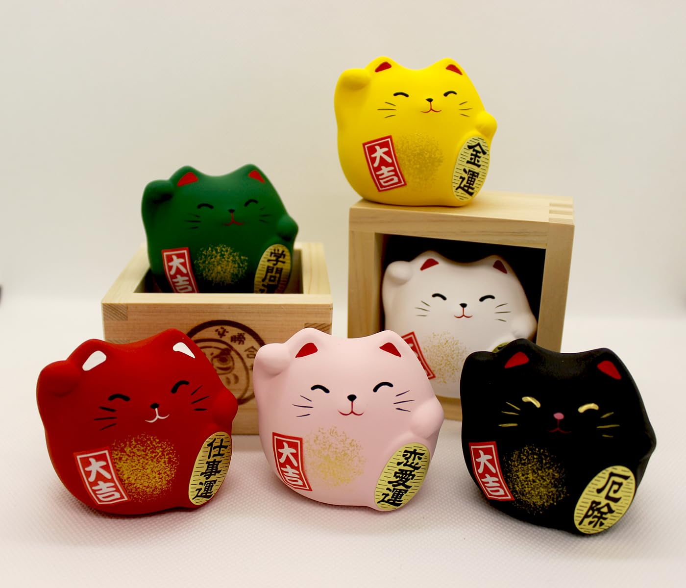 Edoya Maneki Neko Daruma (Set Of 6) Japanese Multicolor Good Luck Cat Figurine Charms Set (2.2X2.2 Inch)