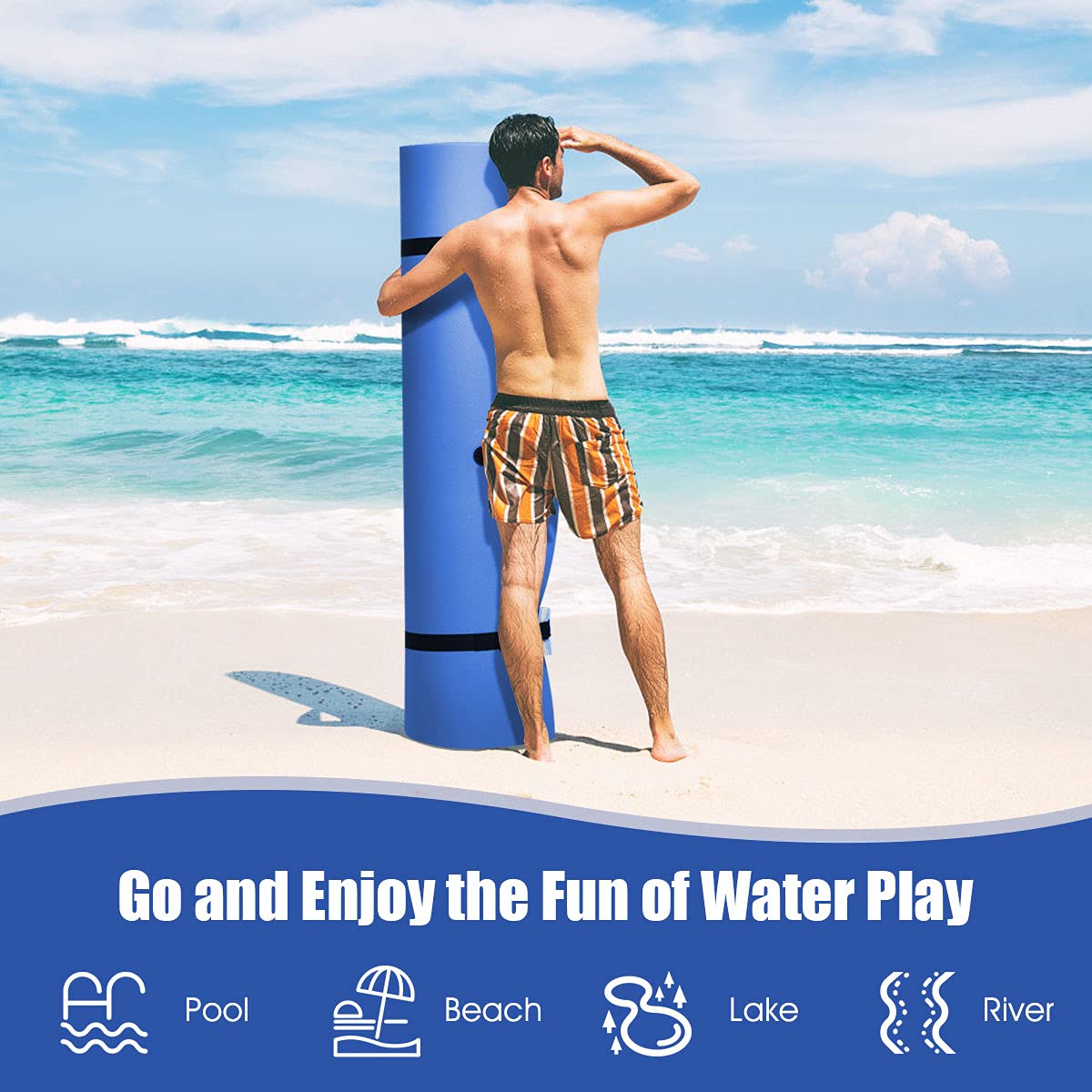 Gymax Floating Water Mat, 12' X 6' Foam Water Floating Pad With Safe Bungee Tether And Storage Straps, 3-Layer Xpe Foam Floating
