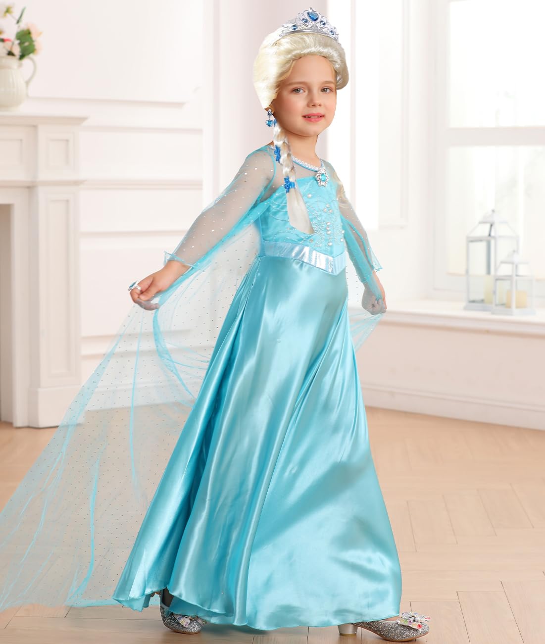 Luzlen Elsa Dress for Girls Toddler Snow Princess Costume Blue with Wig Halloween Birthday Party Dress Up Outfits, 7-8Y(Tag 150)