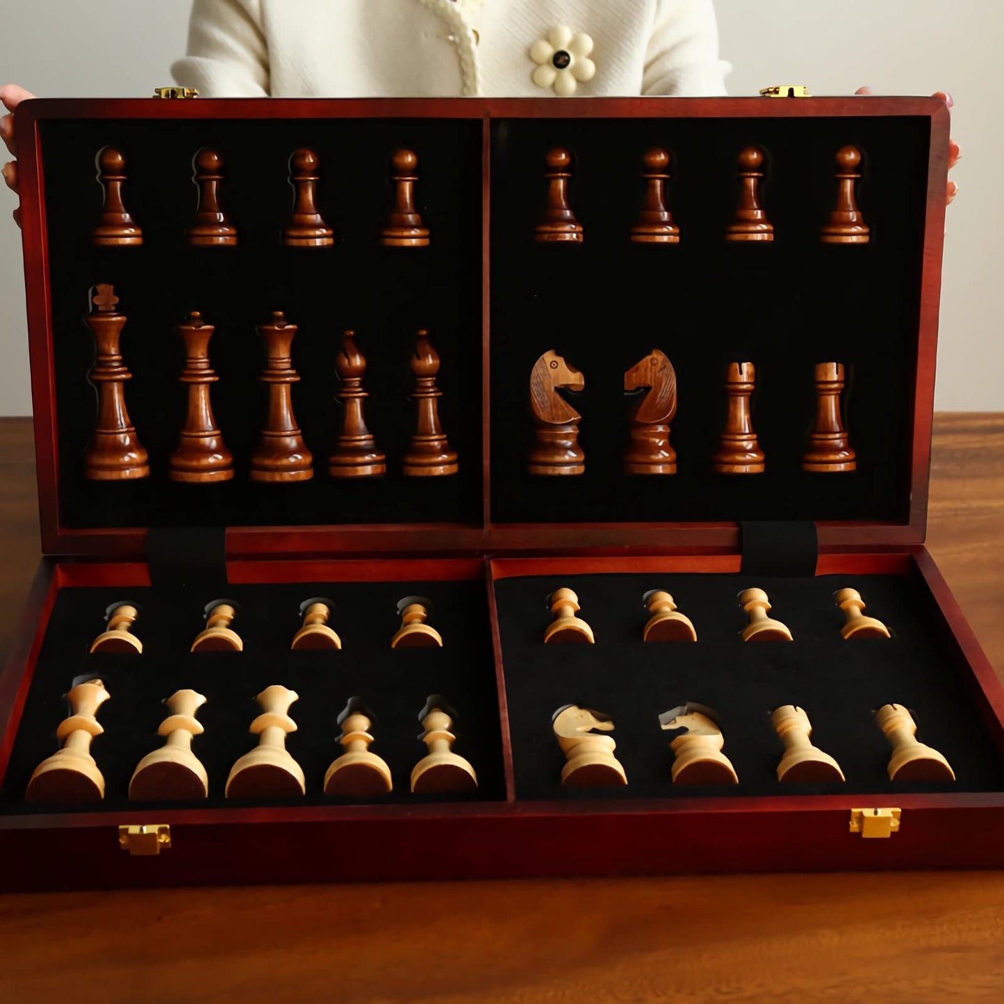 20'' Extra Large Solid Walnut Wooden Chess Set With 2 Extra Queen Pieces - King Height 4.25''