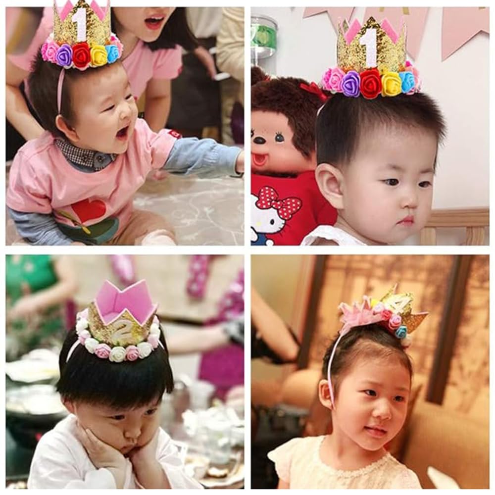 ipalmay Baby Princess Glitter Pink Crown, 1st Birthday Party Hat Pink with Mix Rainbow Color Flowers