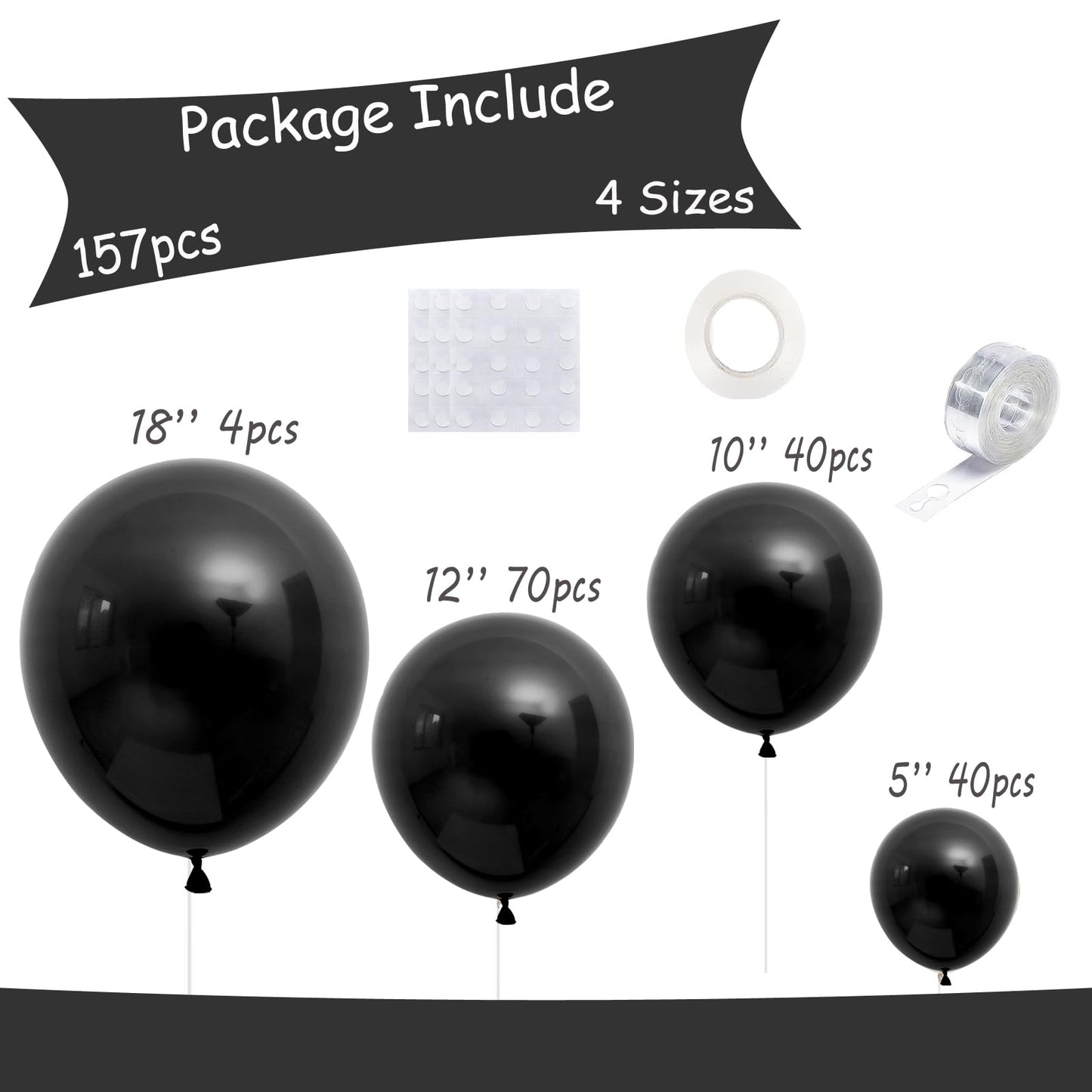 154 Pcs Black Balloons Arch Kit, Black Balloons Different Sizes Pack Of 5/10/12/18 Inch Black Balloons For Balloon Arch As New Y