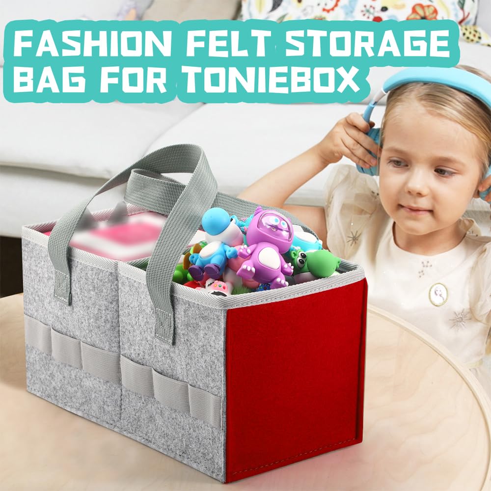 Seracle Carrying Case Travel Felt Bag Compatible With Toniebox Starter Set And Tonies Figurine (Gray+Red)