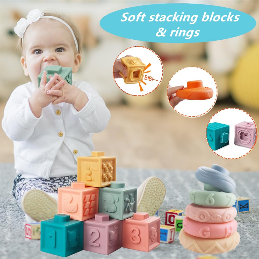 Elleck Baby Toys 6-12 Months, Montessori Toys For Toddlers 1-3 Year Old, Busy Cube Teether Infants Bath Toys 6 In 1 Stacking Blo