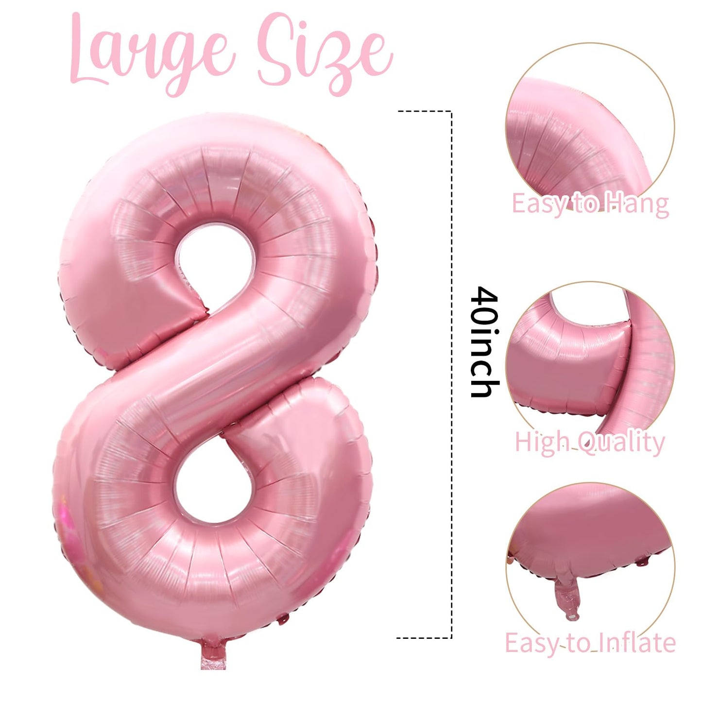 40 Inch Pink Number 8 Balloons, Large Balloon Number Foil Number Balloons, Light Pink 8th Foil Birthday Balloon for Girls Birthd