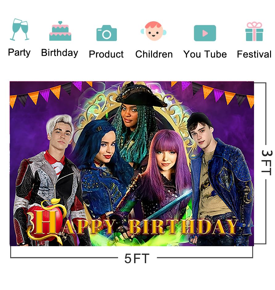 Basifoto Purple Descendants Backdrop Banner 5x3ft for Birthday Party Decorations, Cake Table Background, Theme Party Supplies