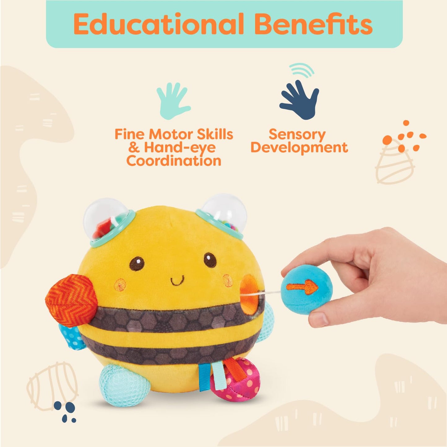 B. Sensory Plush Bumble Bee Baby ,Sensory Baby Toy – Bumpy Plush Bee With Fun Features, Interactive Play, Bumps, Colors, Textures & Sounds, Toys For Infants, Babies,Fuzzy Buzzy Bee – 0 Months +