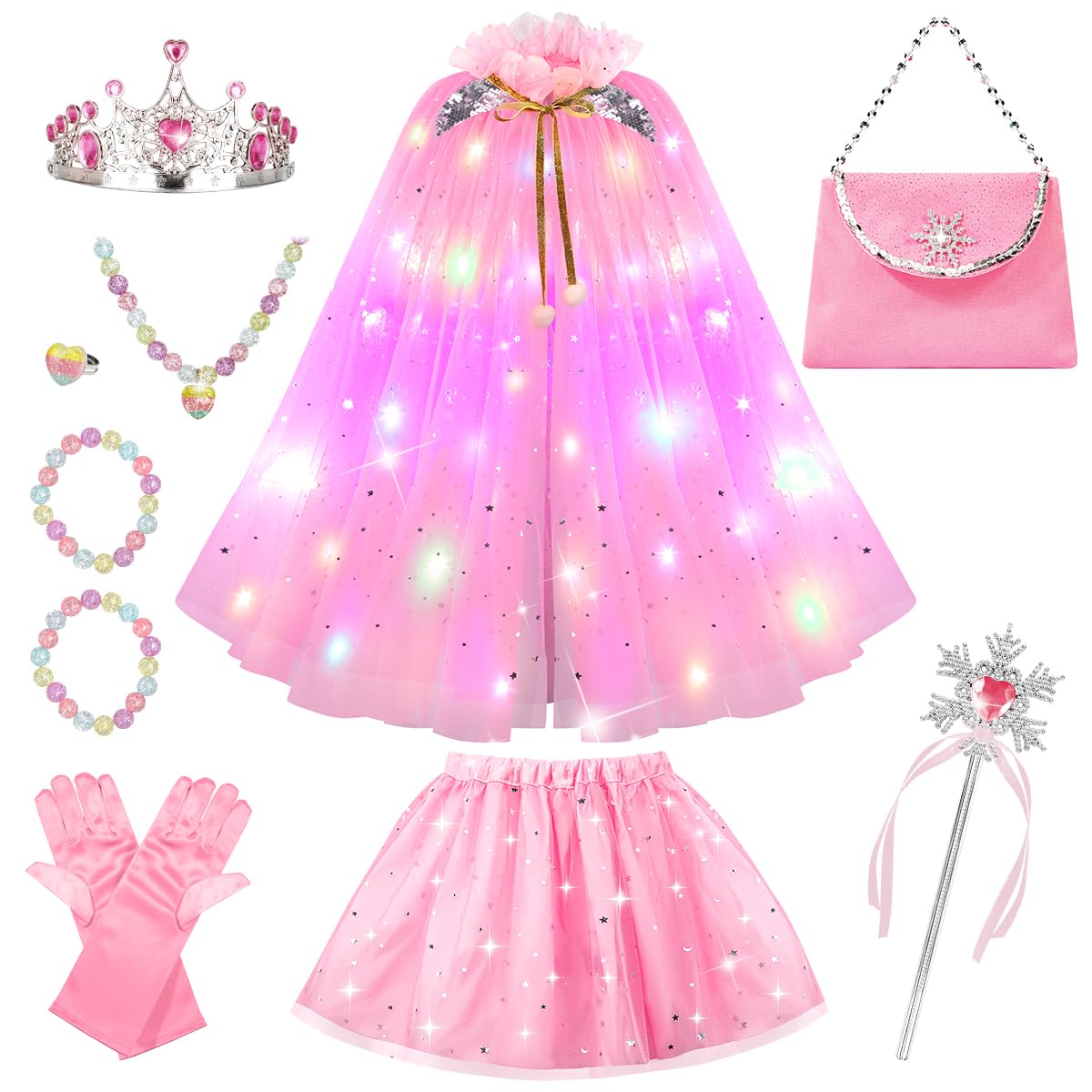 Meland Princess Dress Up For Girls, Light Up Princess Cape With Crown, Dress Up Clothes Birthday Gift For Girls Toys 3-8