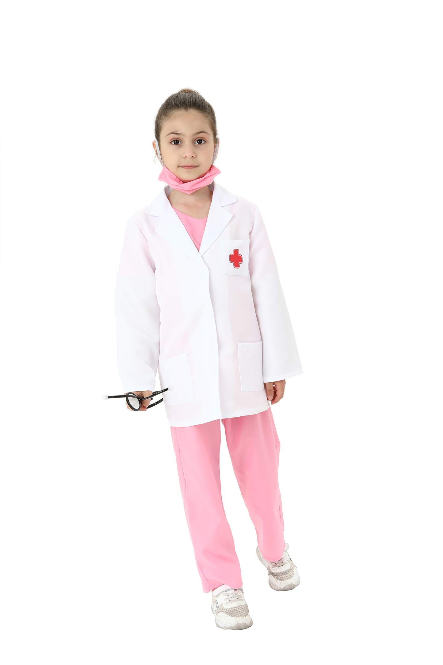 Lingway Toys Kids Pretend Role Play Costumes White Coat With Pink Scrubs And Accessories 3-4Years
