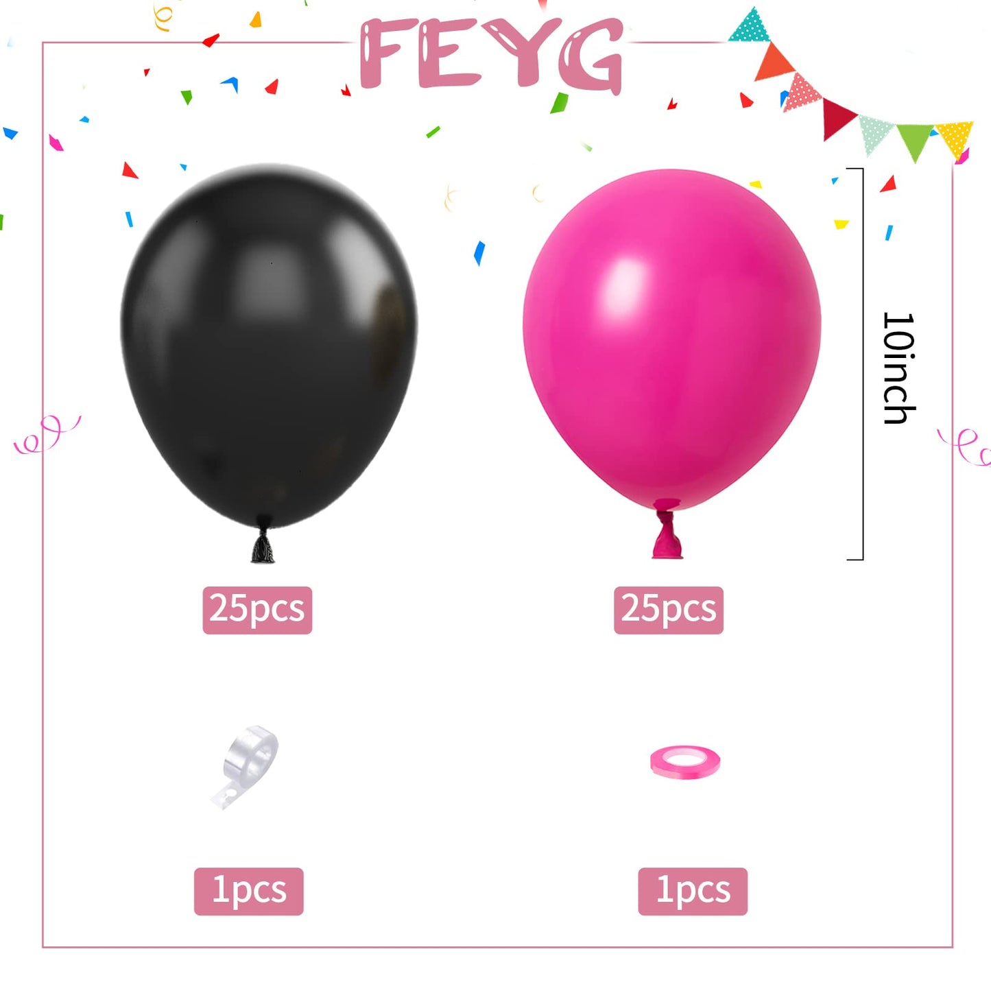 Balloons Black And Hot Pink, 50Pcs Hot Pink Black Balloon Arch Kit, Hot Pink Latex Balloons For Birthday Decoration Wedding Baby