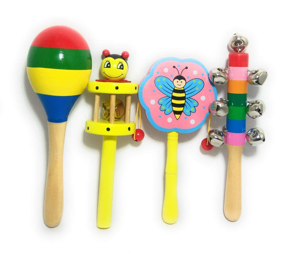 Prisma Collections Wooden Musical Infant Toys For Baby Kids (Egg Shaker + Drum + Jingle Bell + Cage Bell)
