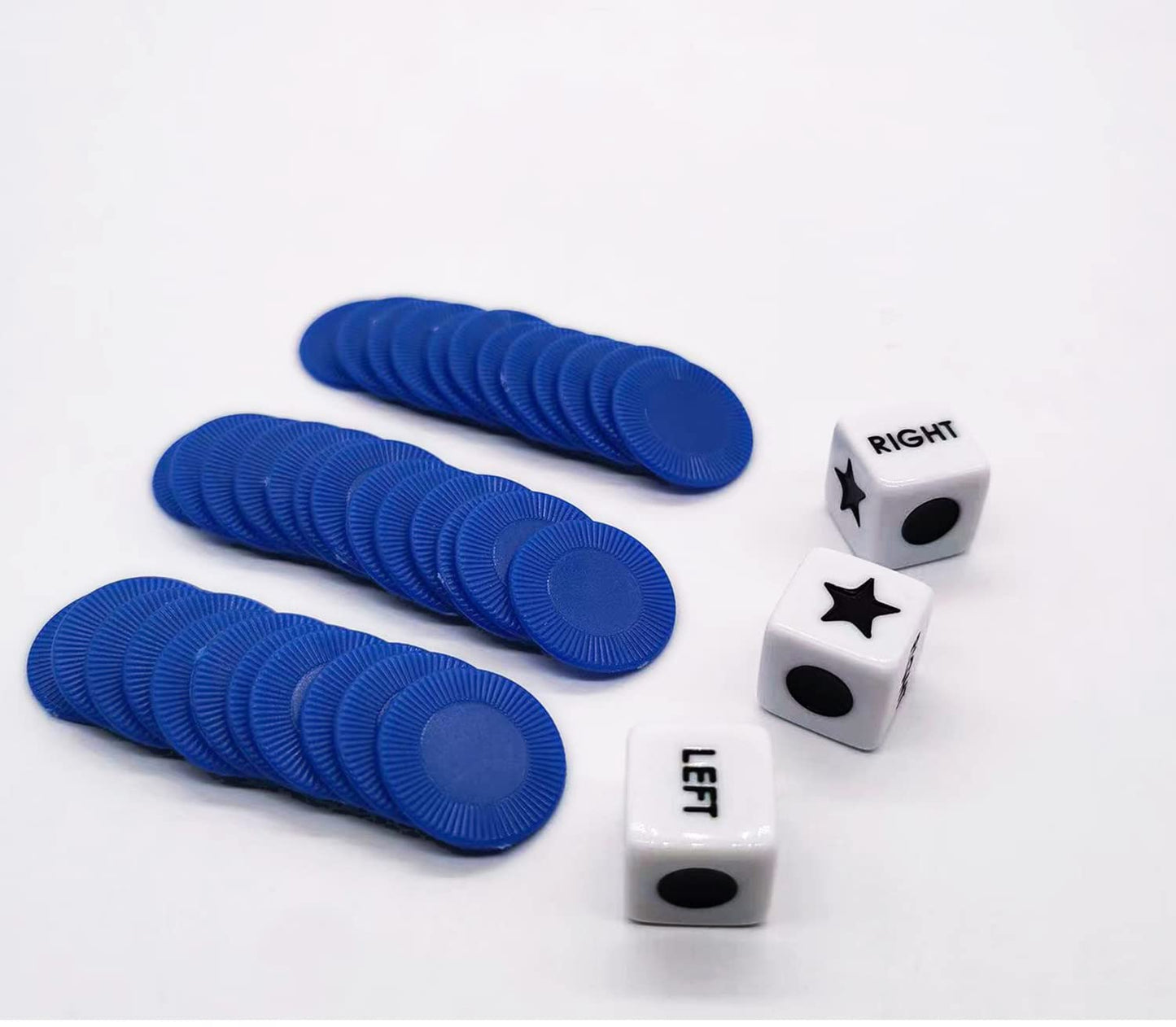 Befantasway Right Left Center Dice Game Set - 3 Dice & 36 Chips, Blue, Model JX-00818, Plastic Material
