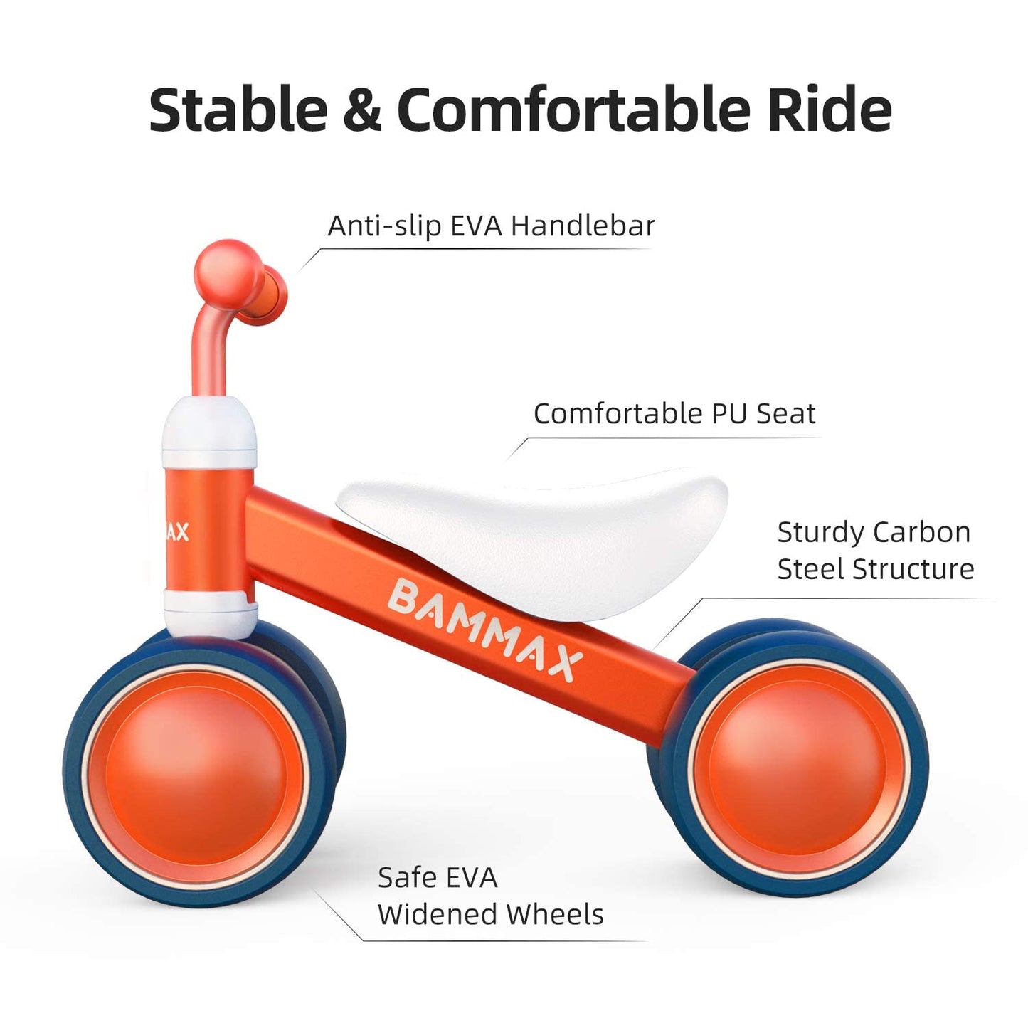Bammax Baby Balance Bike For 1 Year Old Toddler, Riding Toys For 9-24 Months Boys Girls, No Pedal Infant 4 Wheels Baby Bicycle First Birthday Gift Cute Toddler Bike To Help Baby To Start Riding