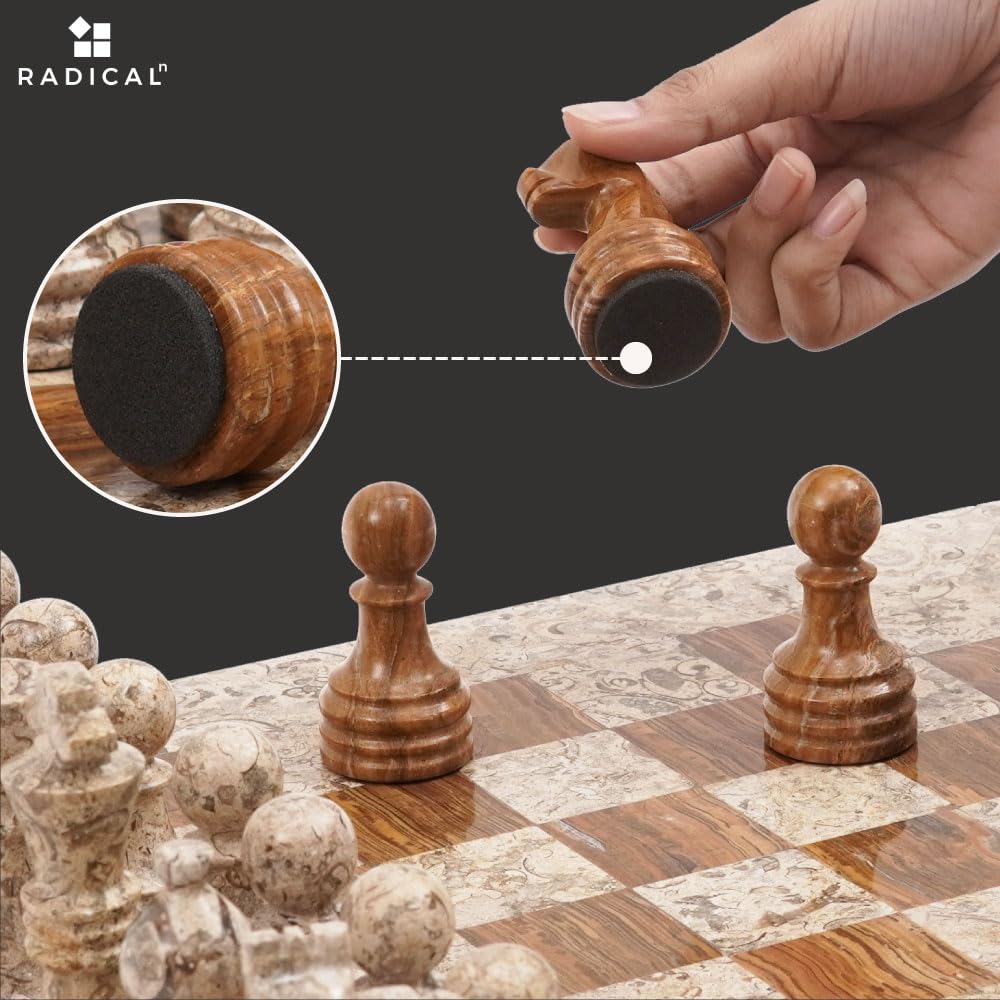 Radicaln Marble Chess Set 15 Inches Fossil Coral And Dark Brown Handmade Board Game Chess Sets For Adults - Travel Chess Game Se