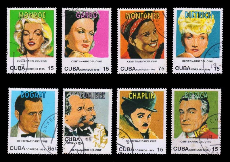 ISC~ Cuba 1995100 Years of Motion Pictures, Film Stars Greta Garbo, Marilyn Monzoe, Charlie Chaplin,etc., Set of 8 Stamps, All