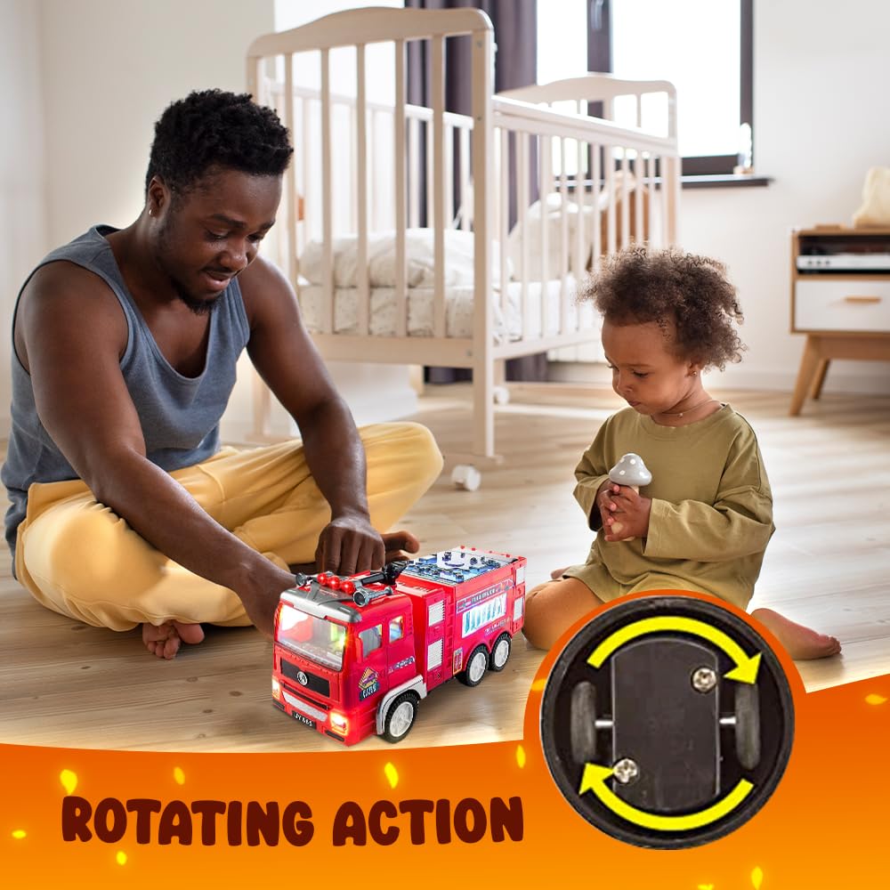 Zetz Brands Fire Truck Toy for Kids - 4D LED Lights, Real Siren Sound, Red, Push Car, Age 3+ - Ideal Birthday Gift
