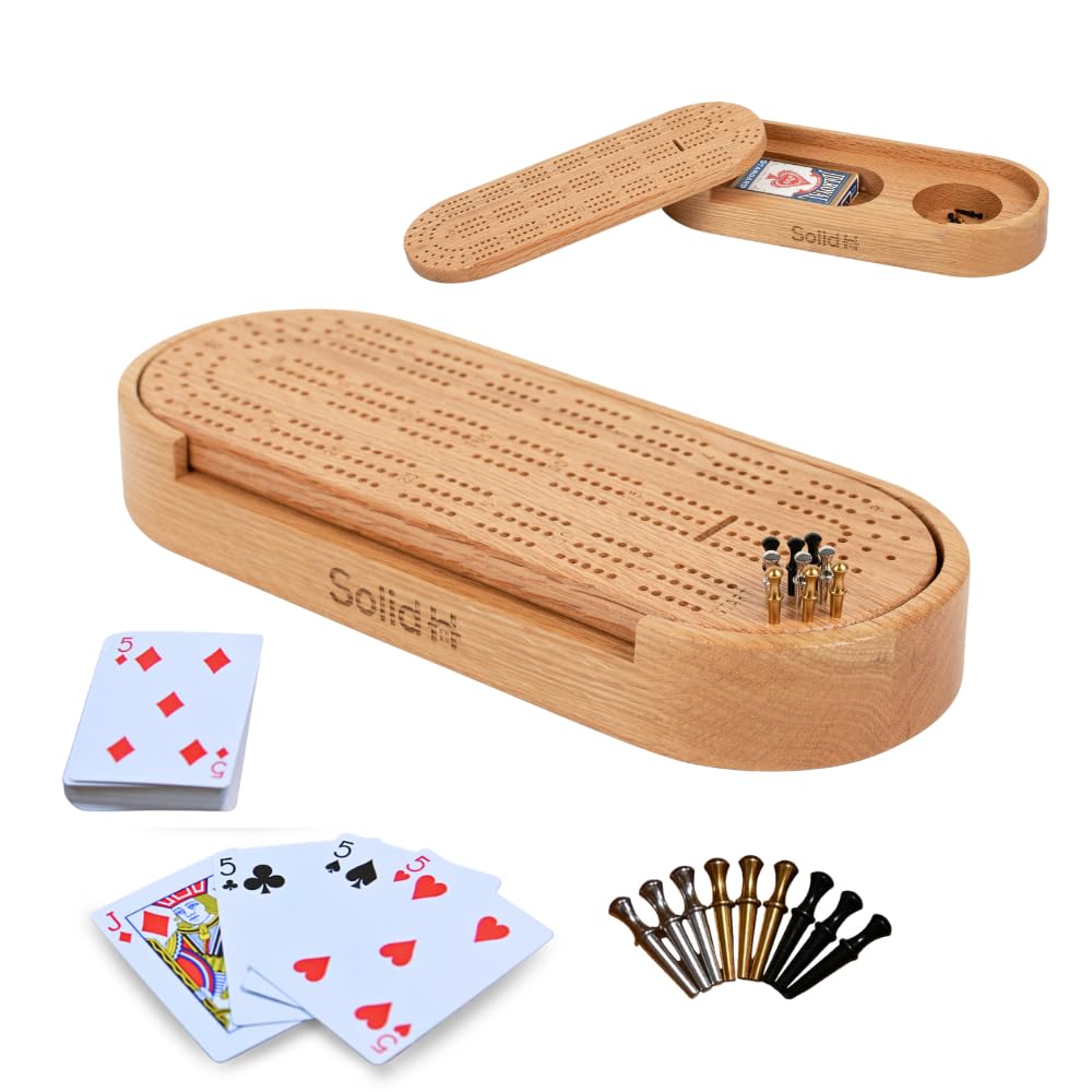 Premium Oak Cribbage Board Game Set -Unique Cribbage Board Includes Playing Cards, Metal Cribbage Pegs, Instructions, & More - B