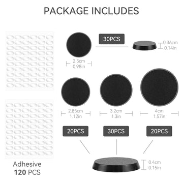 TITAWU 100PCS Miniature Bases+120PCS Adhesive, 25mm 28.5mm 32mm 40mm Mix 4 Different Sizes Textured Plastic Black Round Model Ba