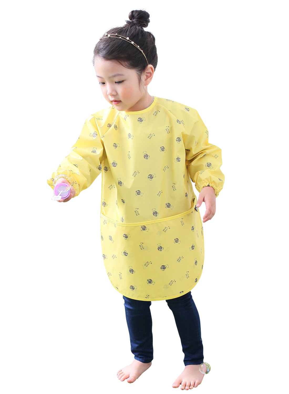 Plie Waterproof Kids Art Smocks 37 Colors (Age 1-10, S-XXL size), Yellow Bear (05-S)