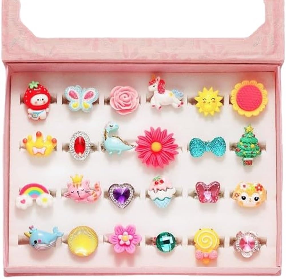 Star Work Little Girl Jewel Rings In Box, Adjustable, No Duplication, 24 Pcs Girl Pretend Play And Dress Up Rings For Up To 12 Y