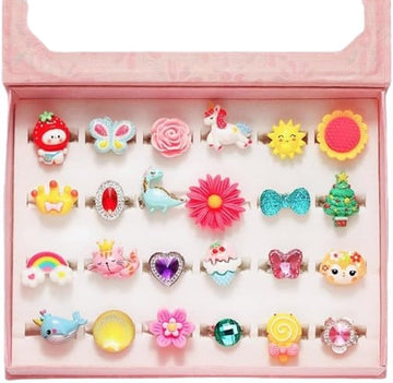 Star Work Little Girl Jewel Rings In Box, Adjustable, No Duplication, 24 Pcs Girl Pretend Play And Dress Up Rings For Up To 12 Y