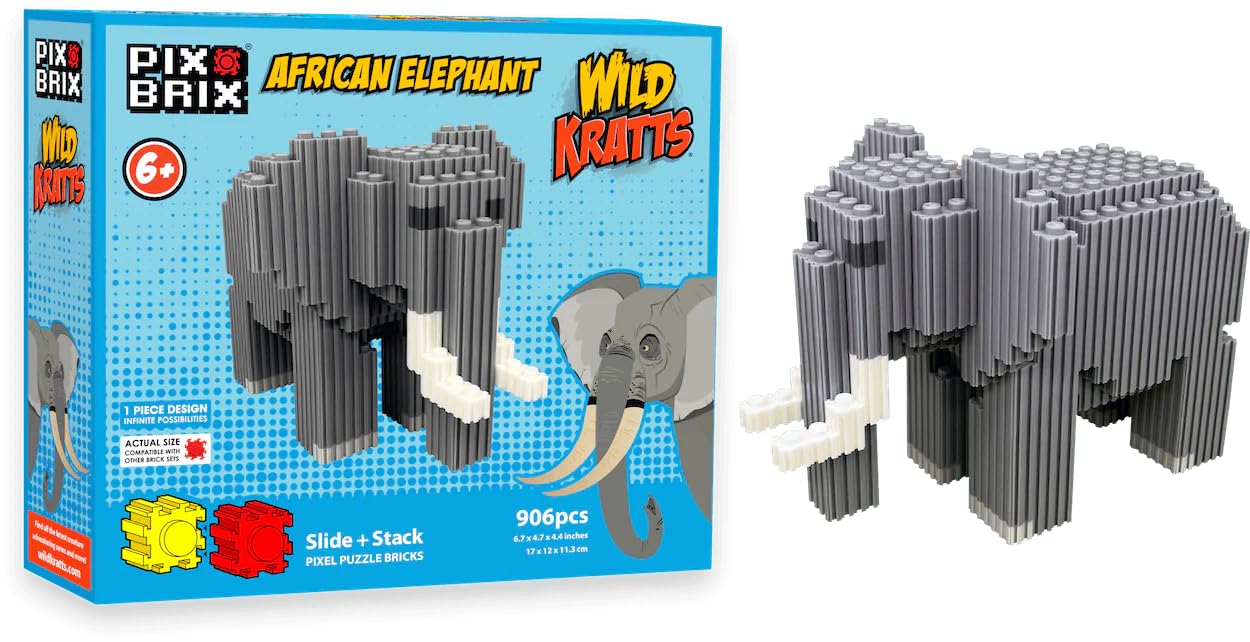 Pix Brix - Toy Pixel Art Kit - African Elephant, 906 Pieces - Patented Slide + Stack Pixel Puzzle Building Bricks, Build & Colle