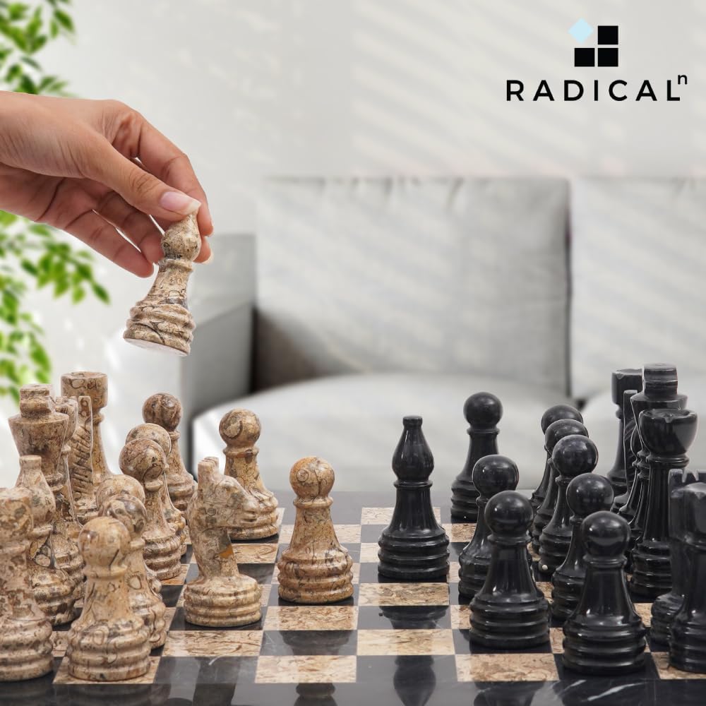 Radicaln Marble Chess Set With Storage Box 15 Inches Black And Fossil Coral Handmade Chess Board Games - 2 Player Games For Adults - 1 Chess Board & 32 Chess Pieces