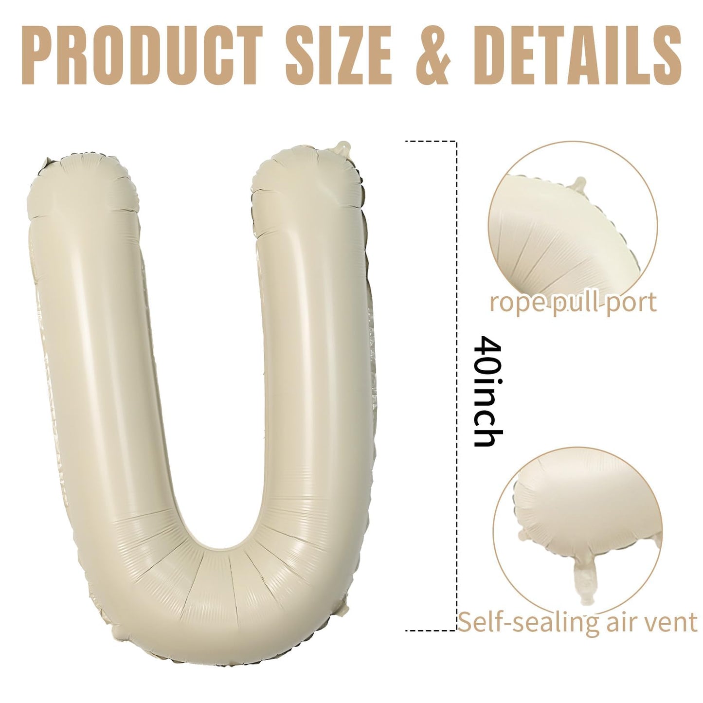 40 Inch Cream Letter Balloons, Large U Letter Balloons Foil Helium Balloons, Mylar Big Single Alphabet U Balloons, Cream Balloon
