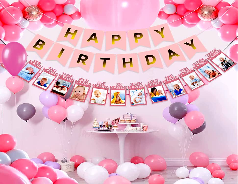 Sv Traders 1St Birthday Decoration For Girl/Pink ThemePink Banner(13)+Pink 112 Months Pink Photo Banner(12)