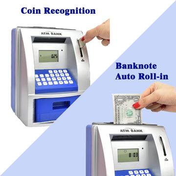 Toy Talking Atm Bank Atm Machine Savings Bank For Kids –Works Like A Real One- Deposit, Withdraw, Debit Card, Saving Target, Timer And Clock - Blue