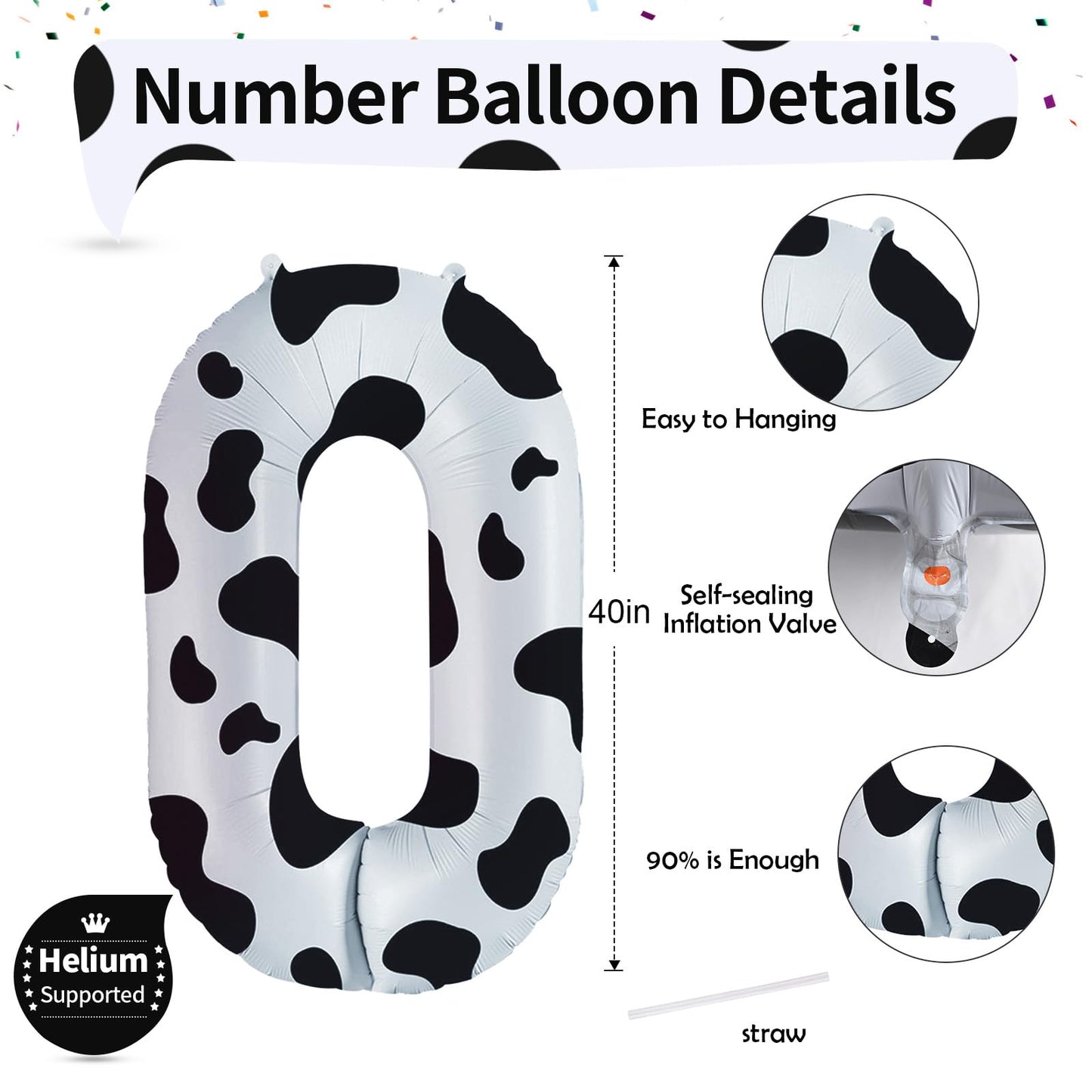 Cow Print Number Balloons For Kids, 40 Inch Foil Helium 0-9 Set Balloons, Self Inflating Big Number 0 Balloon For Boys Girls Bir