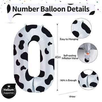 Cow Print Number Balloons For Kids, 40 Inch Foil Helium 0-9 Set Balloons, Self Inflating Big Number 0 Balloon For Boys Girls Bir