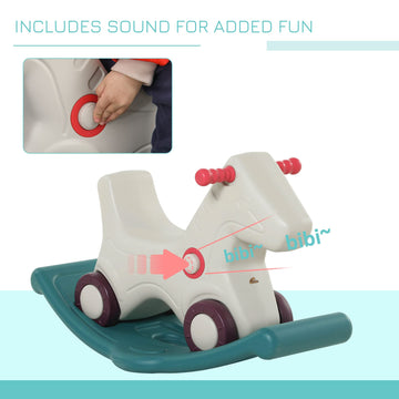 Qaba Kids 2 In 1 Rocking Horse & Sliding Car For Indoor & Outdoor Use W/Detachable Base, Wheels, Smooth Materials, Grey And Green