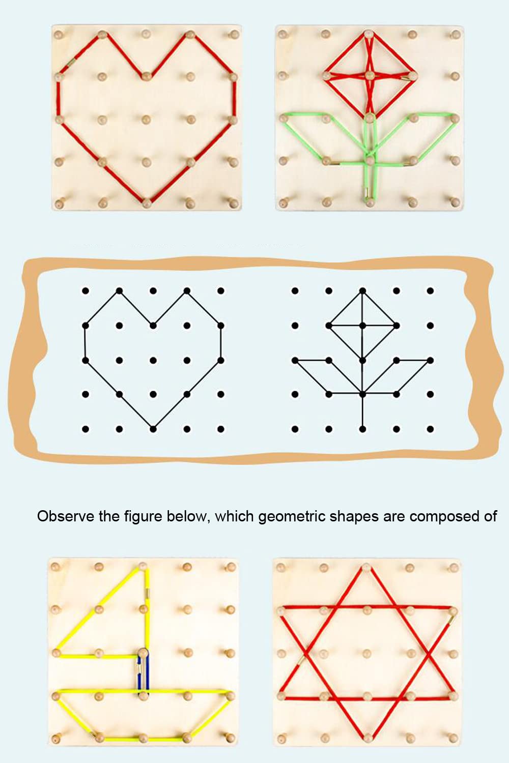 Yhzan Wooden Geoboard Graphing Peg Board Montessori Toddler Sensory Toy Colorful Rubber Bands Pattern Cards Preschool Learning G