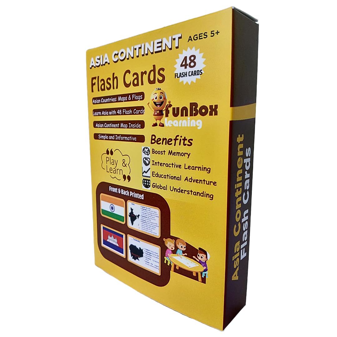 Funbox Learning  Asia Continent Flash Cards | 48 Flash Cards | 300 Gsm Laminated Cards For Durability | Round Edges For Safety 