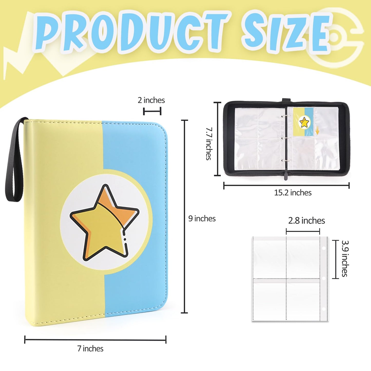 Card Binder 4-Pockets, 400 Pockets Card Holder With 50 Removable Sleeves, Trading Card Collector Zipper Album Holder, Yellow Blu
