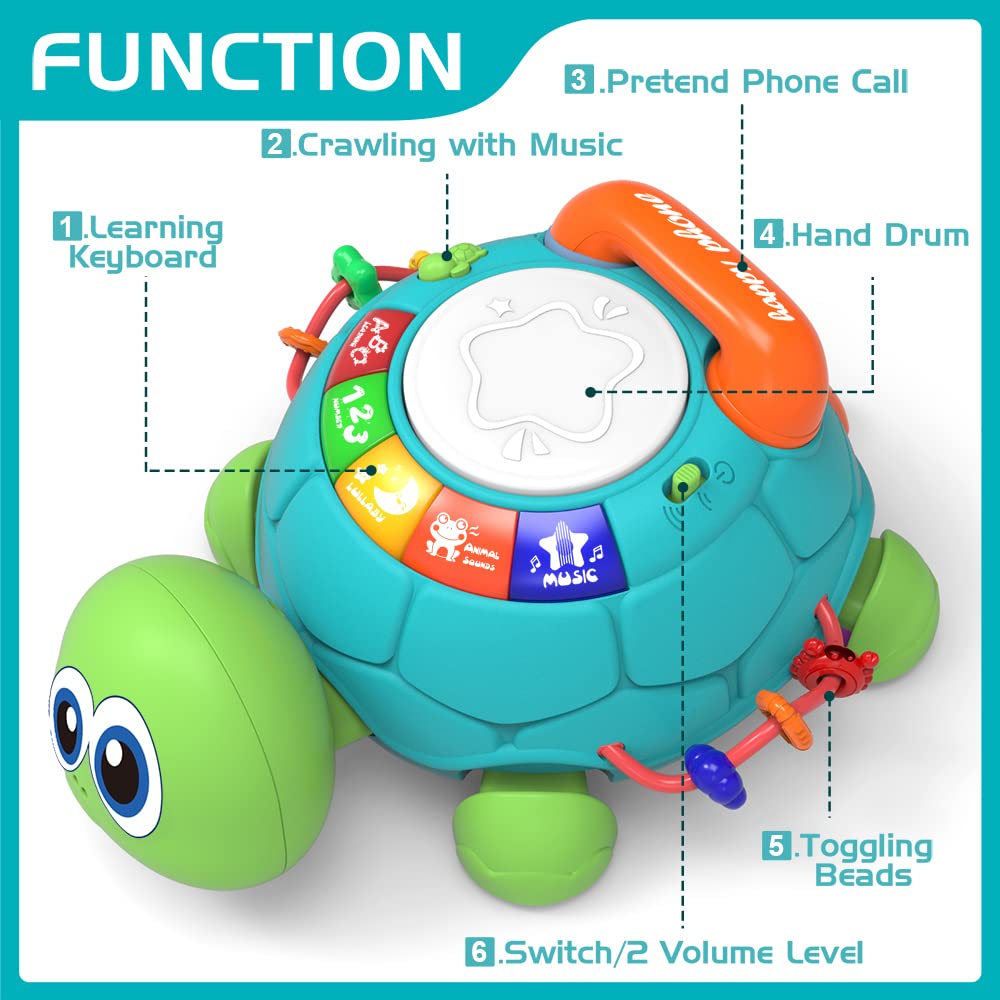 Jyusmile Musical Turtle Baby Toy - Crawling Educational Toy with Light & Sound, Large, Blue, for Infants 6-18 Months, Model O4-WPSB-RX2D