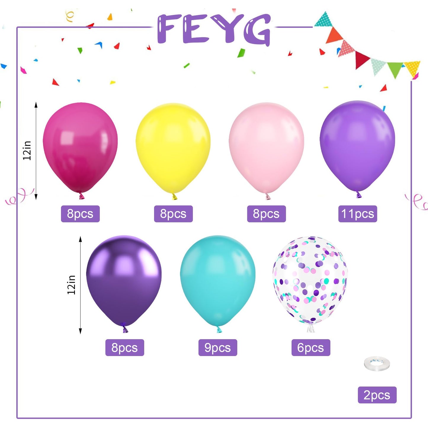 Pink Blue Purple Balloons,60 Pcs 12 Inches Rose Red Pink Purple Teal Yellow Metallic Purple Balloons Confetti Balloons For Kids