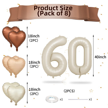 Biapian 60 Inch Cream Number 50 Balloons, 8Pcs Giant Foil Number 6 & 0 Balloons With 18'' Cream White Heart Balloon For 60Th Yea